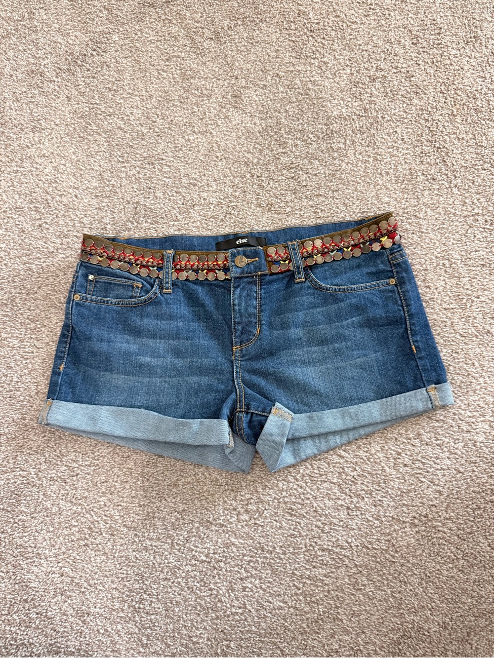 Else Embellished-Belt Rolled-Hem Jean Shorts - Blue with Red Accents